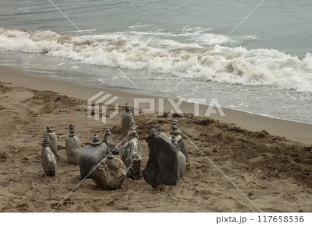 Stone Towers on the beach in late summer, Five Lands, Liguria, Italy. 117658536