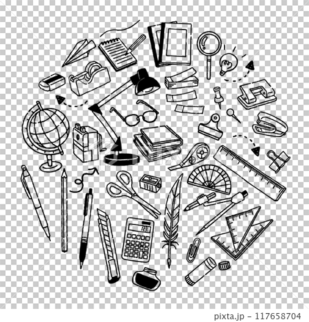文房具イメージアイコン　円形　手描き白黒線画 117658704