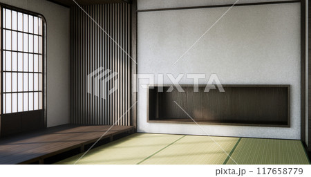 Modern japan room wooden floor and shelf wood on wall design. Modern japan room wooden floor and shelf wood on wall design. 117658779