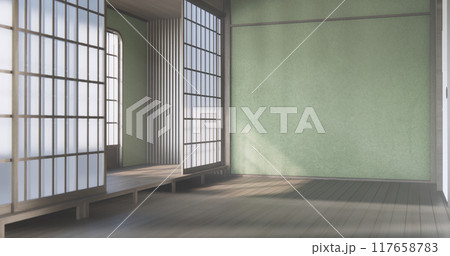 Wabisabi style living interior Green japanese room. 117658783
