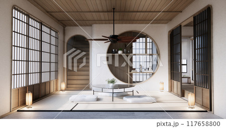 japan low table and pillow in modern living room colorful style. 3D render japan low table and pillow in modern living room colorful style. 3D render 117658800