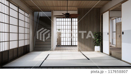 Modern japan room wooden floor and shelf wood on wall design. 117658807