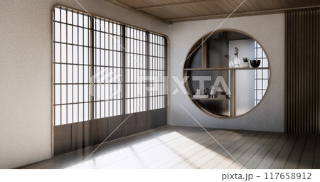 Modern japan room wooden floor on wall design. Modern japan room wooden floor on wall design. 117658912