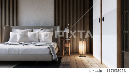 Wabi sabi bed and decoartion plants in japanese bedroom. 117658928