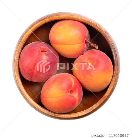 Four fresh apricots in a white bowl. Stone fruits of Prunus armeniaca, similar to a small peach. Yellow fruits, tinged red on the side most exposed to sun, with smooth surface and sweet to tart taste. 117658957