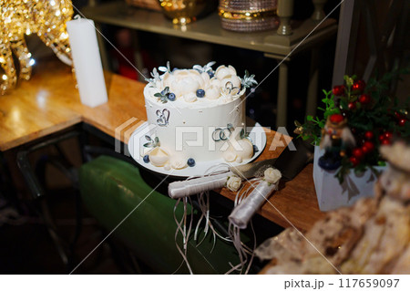 White wedding cake decorated with chocolate flowers and blueberries  117659097
