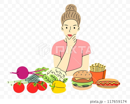 Woman chooses between vegetables and fast food, graphic design. Food, meal, fast food and vegetables, vector design and illustration 117659174