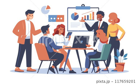 A data-driven approach! A young European business team analyzes charts and graphs to gain valuable insights. 117659201