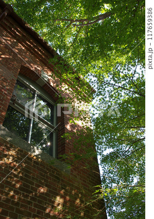 旧街道に佇むレンガ造りの瀟洒な建物。今は役目を終えた発電所。夏の日、静かに田園風景に溶け込んでいた。 旧街道に佇むレンガ造りの瀟洒な建物。今は役目を終えた発電所。夏の日、静かに田園風景に溶け込んでいた。 117659386