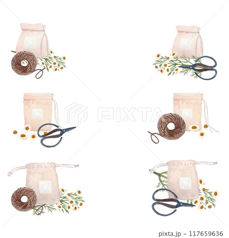 Homemade tea bags with chamomile and jute rope, scissors watercolor vertical frame isolated on white. High quality hand drawn art great for tape, crafts, cards, tea, herbal medicine recipes decor 117659636