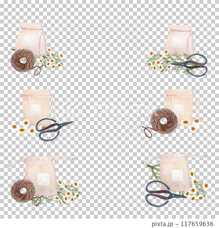 Homemade tea bags with chamomile and jute rope, scissors watercolor vertical frame isolated on white. High quality hand drawn art great for tape, crafts, cards, tea, herbal medicine recipes decor 117659636