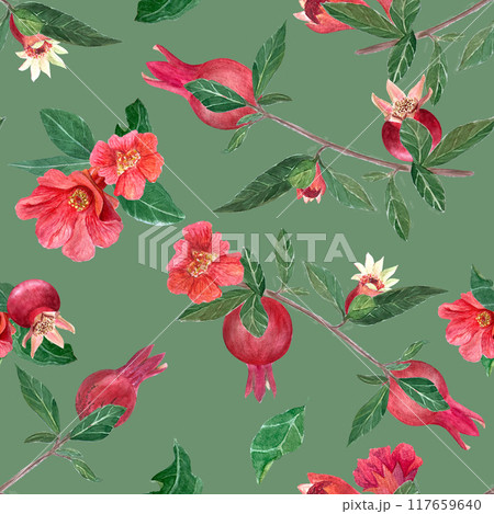 A branch with ripe pomegranates, flowers and leaves warming watercolor seamless pattern on green. Hand drawn realistic fruit element for home decor, wallpaper, textile, prints. Autumn plant clip art A branch with ripe pomegranates, flowers and leaves warming watercolor seamless pattern on green. Hand drawn realistic fruit element for home decor, wallpaper, textile, prints. Autumn plant clip art 117659640