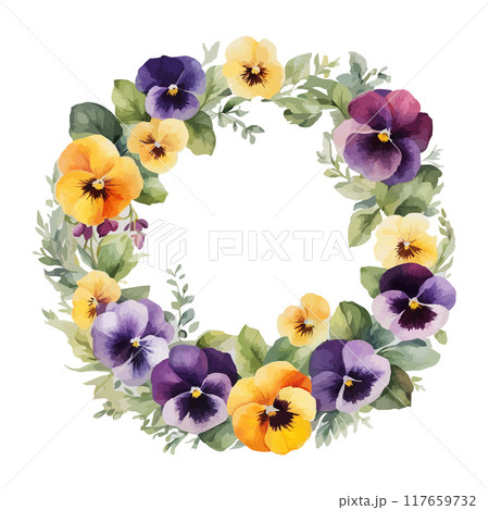 Vector beautiful floral watercolor frame with pink, purple and violet pansy Vector beautiful floral watercolor frame with pink, purple and violet pansy 117659732