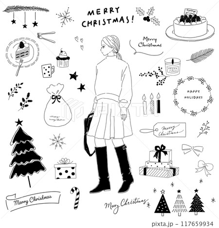 クリスマスのシンプルな線画イラストとブーツの女の子 117659934