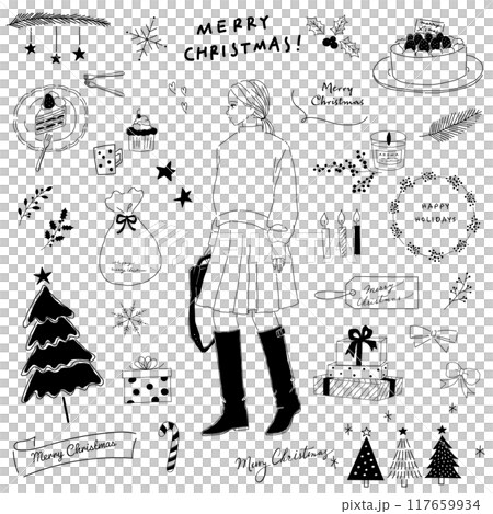 クリスマスのシンプルな線画イラストとブーツの女の子 117659934