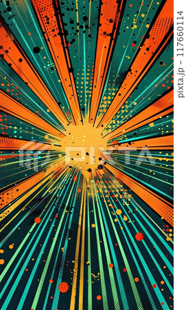 Vibrant, comic book-style background with radiating orange and teal lines converging towards central explosion, surrounded by dots and splatters. Pop art 117660114