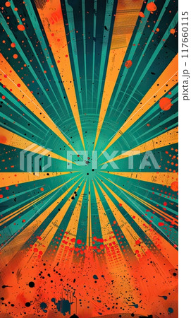 Vibrant background with radiating yellow and teal lines converging towards center, surrounded by orange rays. Colorful pop art comic design 117660115