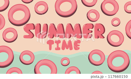 Summer greeting vector poster design, summer is here, text with pink inflatable circles for vacation, trip and invitation on sand and sea background, summer greeting poster vector illustration 117660150