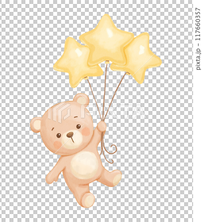 Cute baby bear flying with balloons. Watercolor funny drawing for kids, childish poster 117660357