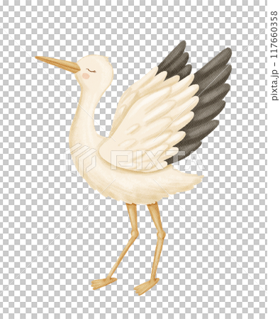 Watercolor stork with wings raised up. Bird as symbol for baby shower, pregnancy. Cute hand drawn isolated illustration 117660358