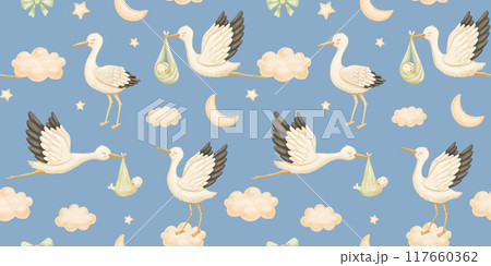 Watercolor seamless pattern with cute stork with new baby in blue sky with clouds. Flying bird. 117660362