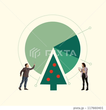 Poster. Contemporary art collage. Colleagues analyze pie chart that transforms into Christmas tree, illustrating fusion of data-driven work with festive joy 117660401