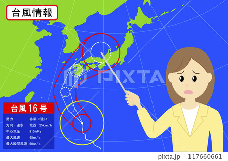 心配そうな顔で台風情報を伝える女性の気象予報士のイラスト 117660661