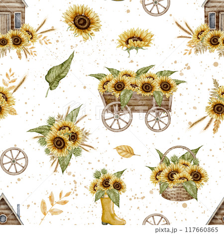 Sunflowers seamless Pattern. Watercolor illustration of floral ornament with yellow Flowers and rustic wooden cart on isolated background. Backdrop with bouquets for textile design or wrapping paper. Sunflowers seamless Pattern. Watercolor illustration of floral ornament with yellow Flowers and rustic wooden cart on isolated background. Backdrop with bouquets for textile design or wrapping paper. 117660865
