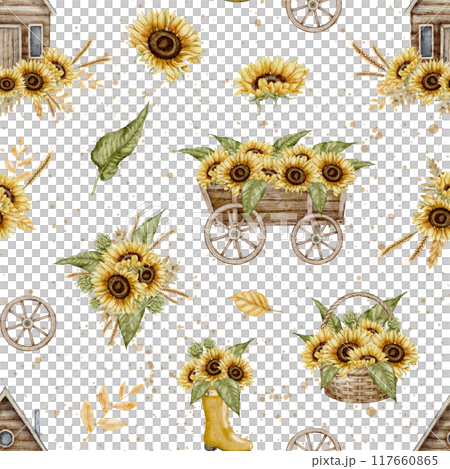 Sunflowers seamless Pattern. Watercolor illustration of floral ornament with yellow Flowers and rustic wooden cart on isolated background. Backdrop with bouquets for textile design or wrapping paper. Sunflowers seamless Pattern. Watercolor illustration of floral ornament with yellow Flowers and rustic wooden cart on isolated background. Backdrop with bouquets for textile design or wrapping paper. 117660865