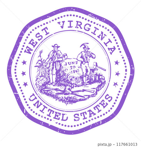 West Virginia state stamp with seal, USA travel stamp, shabby postmark of West Virginia, vector West Virginia state stamp with seal, USA travel stamp, shabby postmark of West Virginia, vector 117661013