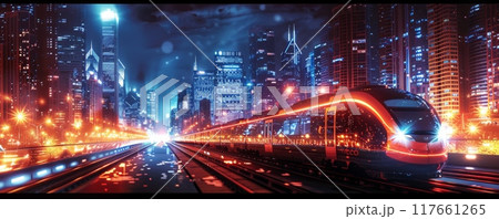 Modern high-speed train traveling through futuristic cityscape at night Modern high-speed train traveling through futuristic cityscape at night 117661265