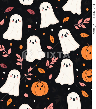 Cute and spooky Halloween pattern with white ghosts, orange pumpkins, and red leaves on a black background. Concept of Halloween, 117661281