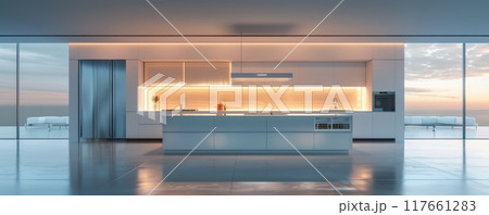 Modern minimalist kitchen with futuristic design featuring sleek lines and ambient lighting 117661283