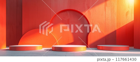 Minimalist orange abstract background with circular platforms and sunlight rays 117661430