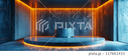 Minimalist industrial design with neon lighting and a concrete platform 117661433