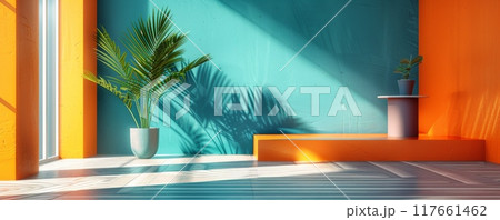 Minimalist bright interior with vibrant colors and potted plants perfect for modern design Minimalist bright interior with vibrant colors and potted plants perfect for modern design 117661462
