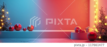 Minimalist Christmas scene with red and blue lighting and holiday decorations 117661477