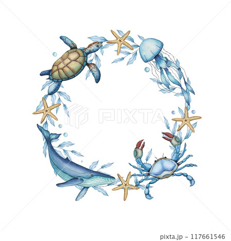 Sea wreath with a sea animals. Underwater world. Hand drawn watercolor illustration 117661546