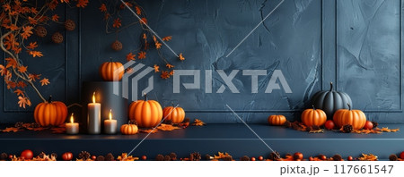 Minimalist autumn decoration with pumpkins, candles, and autumn leaves on a dark background 117661547