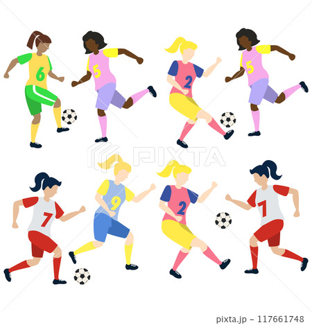 Soccer players kicking ball characters set, flat cartoon vector illustration isolated on white background. Soccer or football game players collection. 117661748