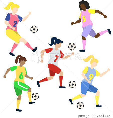 Soccer girls players kicking ball characters set, flat cartoon vector illustration isolated on white background. Soccer or football game players collection. 117661752