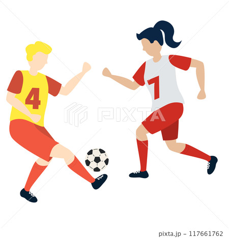 Soccer players kicking ball characters boy and girl, flat cartoon vector illustration isolated on white background. Soccer or football game players collection. Soccer players kicking ball characters boy and girl, flat cartoon vector illustration isolated on white background. Soccer or football game players collection. 117661762