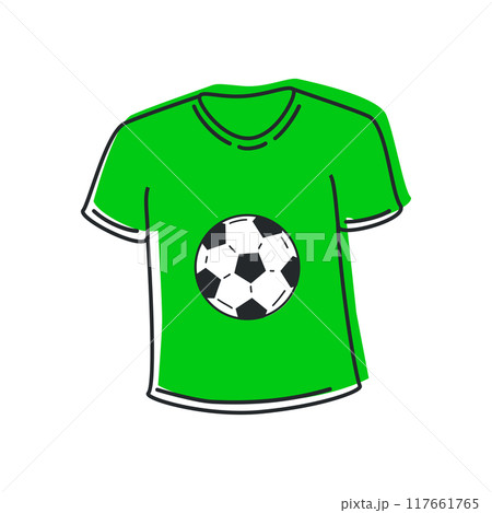 Cute hand-drawn of sport soccer green t-shirts in doodle cartoon style with ball. Composition in neutral candy colors. Kawaii element for card, social media banner, sticker, kids playroom decor Cute hand-drawn of sport soccer green t-shirts in doodle cartoon style with ball. Composition in neutral candy colors. Kawaii element for card, social media banner, sticker, kids playroom decor 117661765