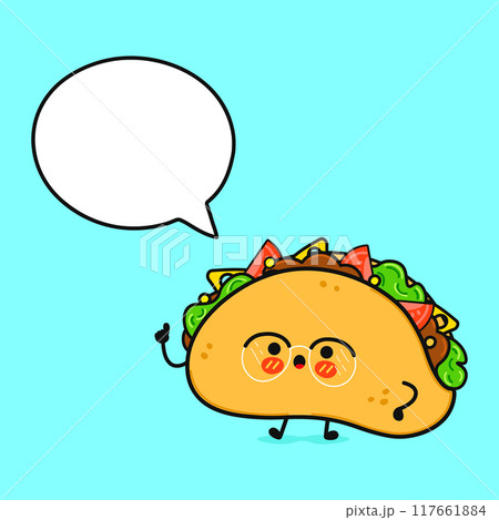 Taco with speech bubble. Vector hand drawn cartoon kawaii character illustration icon. Isolated on blue background. Taco character concept 117661884