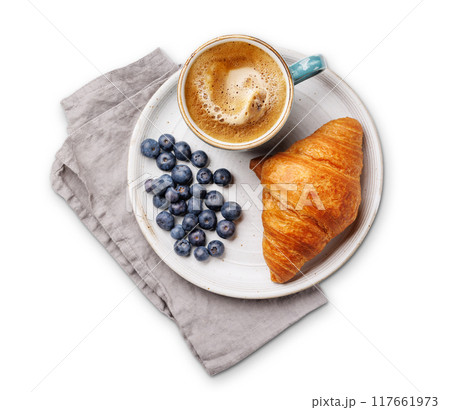 Cappuccino coffee and fresh croissant Cappuccino coffee and fresh croissant 117661973