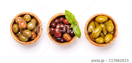 An assortment of various olives presented in a bowl, showcasing different colors, textures, and flavors An assortment of various olives presented in a bowl, showcasing different colors, textures, and flavors 117662013