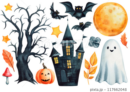 Halloween set watercolor.elements. Black mystical house, bats, ghost, moon and wood isolated Hand drawing spooky clipart Halloween set watercolor.elements. Black mystical house, bats, ghost, moon and wood isolated Hand drawing spooky clipart 117662048