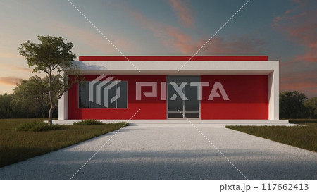 stylish modern house in red and white stylish modern house in red and white 117662413