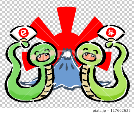 兩條蛇拿著折扇慶祝蛇年,富士和今年的第一個日出,手繪筆觸插圖 兩條蛇拿著折扇慶祝蛇年,富士和今年的第一個日出,手繪筆觸插圖 117662625