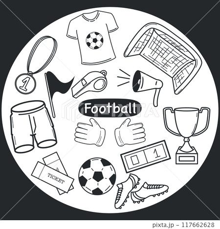 Doodle set with football items. T-shirt, shorts, gate, boots, ball, flag, cup, whistle flat cartoon vector illustration isolated on white background. Soccer or football game players collection. 117662628